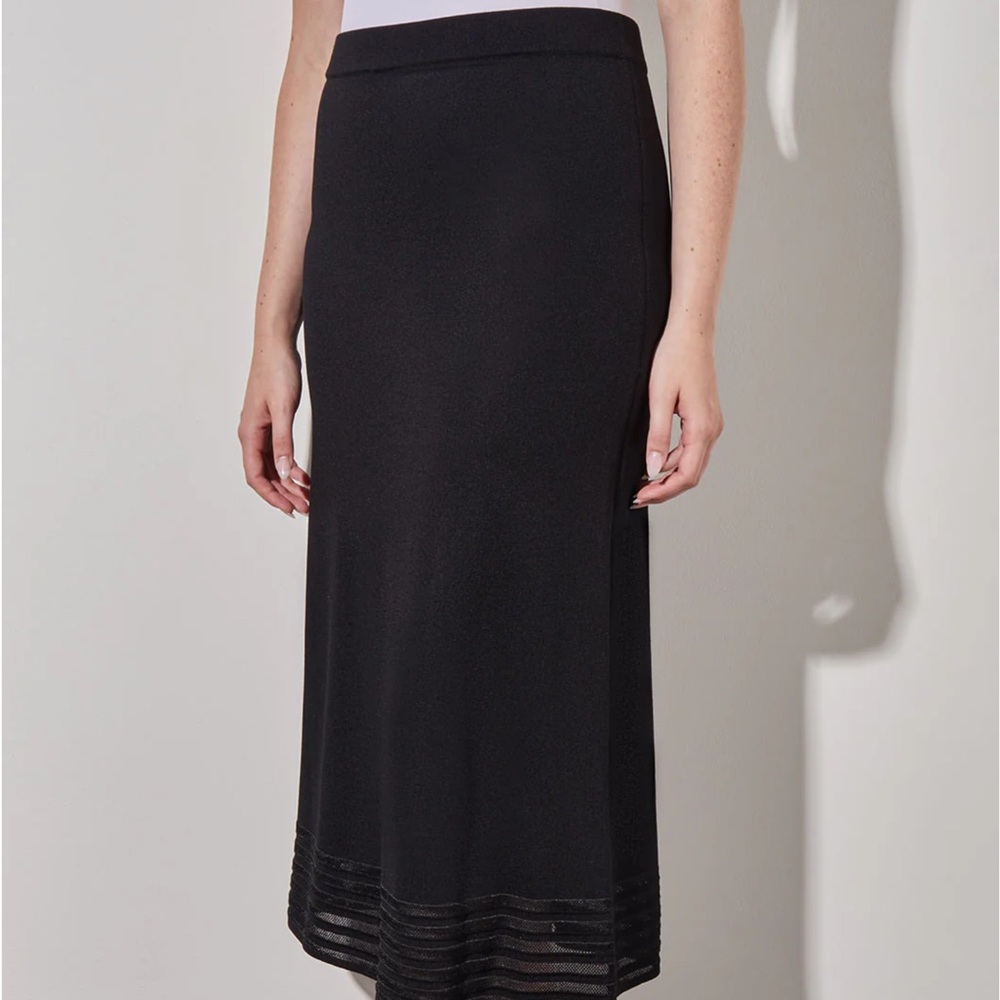 Ming Wang Black Midi Skirt with Sheer Striped Hem NWT Large